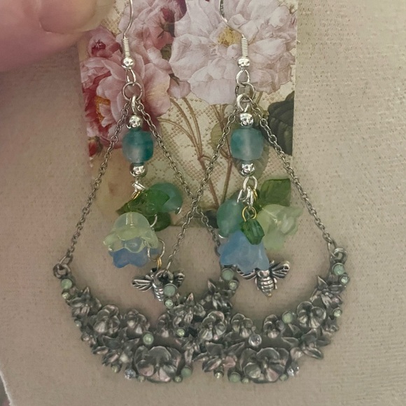 Vintage Upcycled Floral Silver Green and Blue Dangle Earrings - Picture 5 of 10